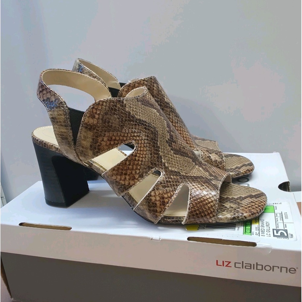 Liz Claiborne Sandals Block Heel Size 8M Gillroy Snake Brown Tan Heeled Shoes